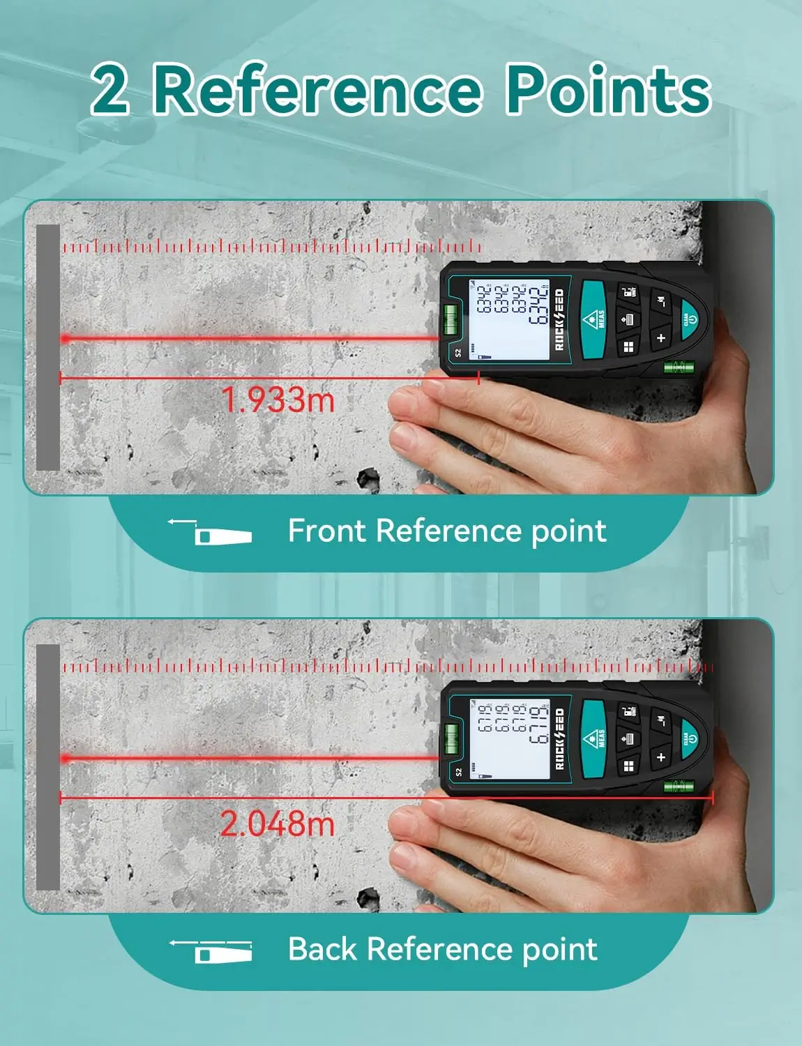 RockSeed S2-BT laser measure showing Pythagorean measurement mode in use