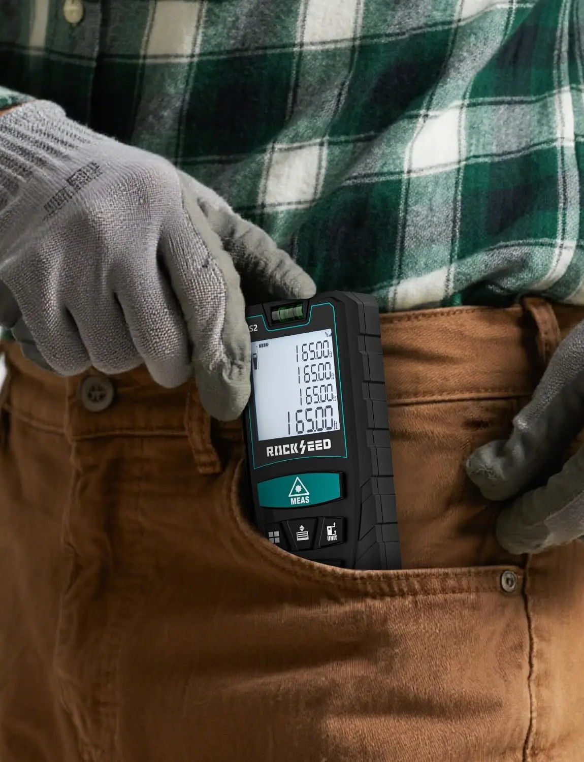RockSeed S2-BT laser measure side view showing button layout and build quality