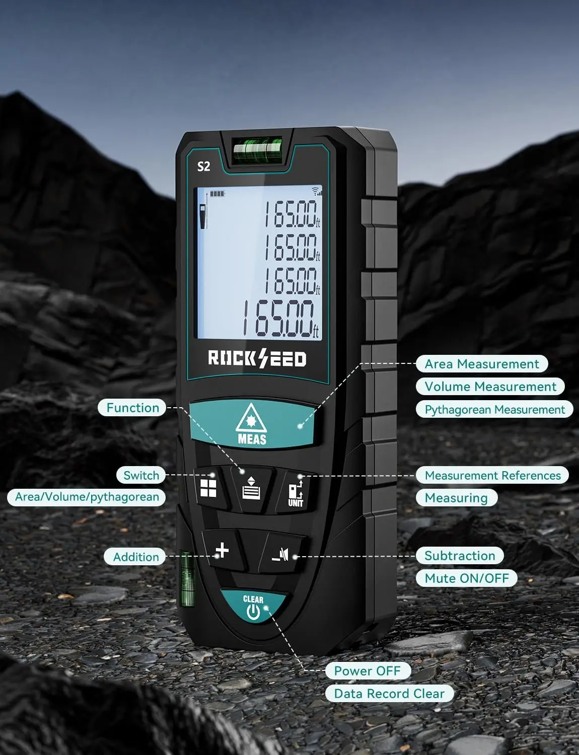 RockSeed S2-BT laser distance meter front view with backlit LCD display