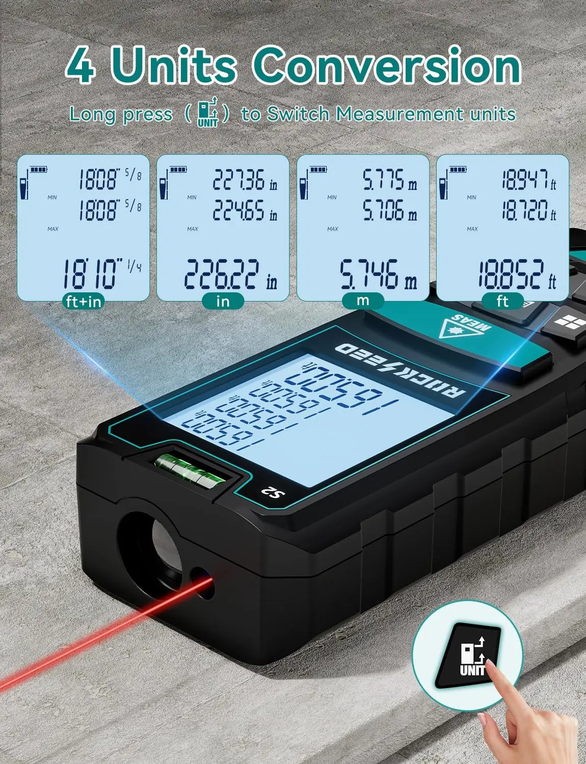 RockSeed S2-BT laser measure backlit LCD display showing area measurement mode