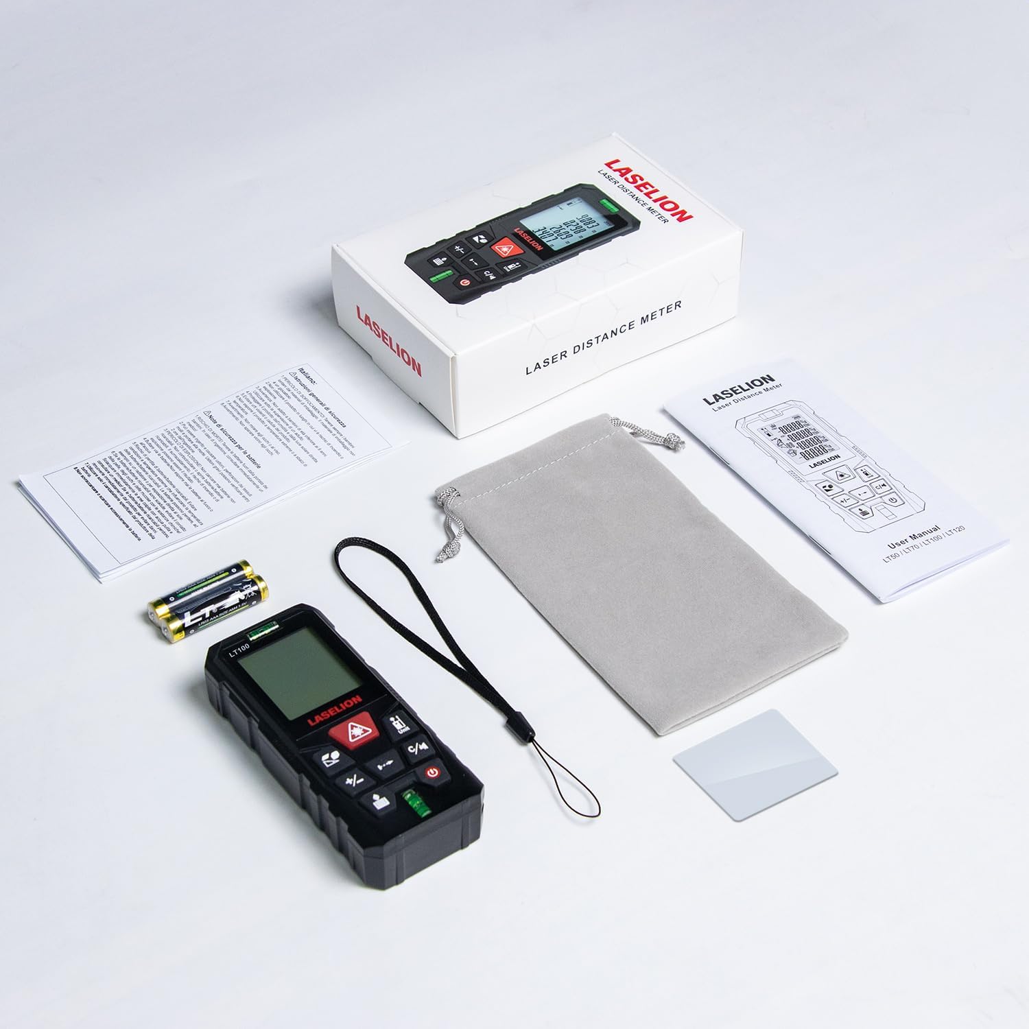 LASELION LT100 Laser Measure on a construction site showing clear digital display