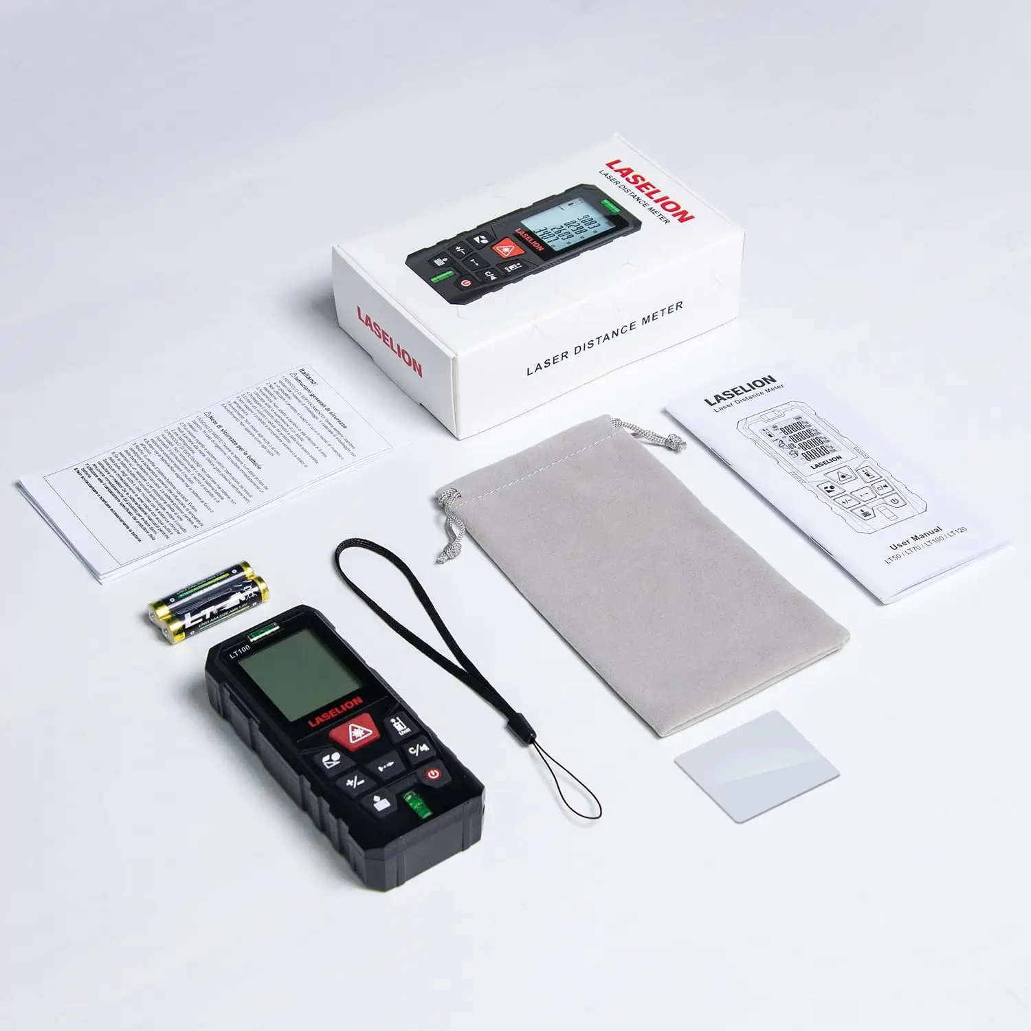 LASELION LT100 Laser Measure with backlit LCD display and dual bubble levels shown in hand