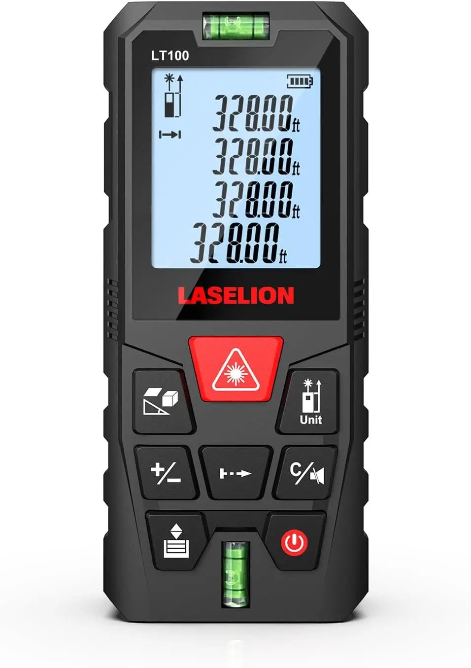 LASELION LT100 Laser Measure held in hand showing digital backlit display and dual bubble levels for accurate indoor distance measurement