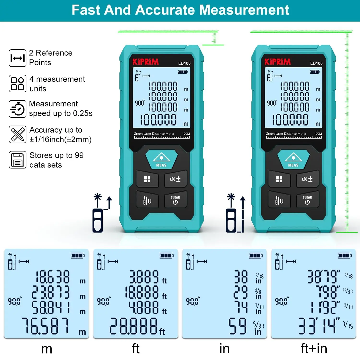 Kiprim LD100 laser measuring tape with digital display and accessories