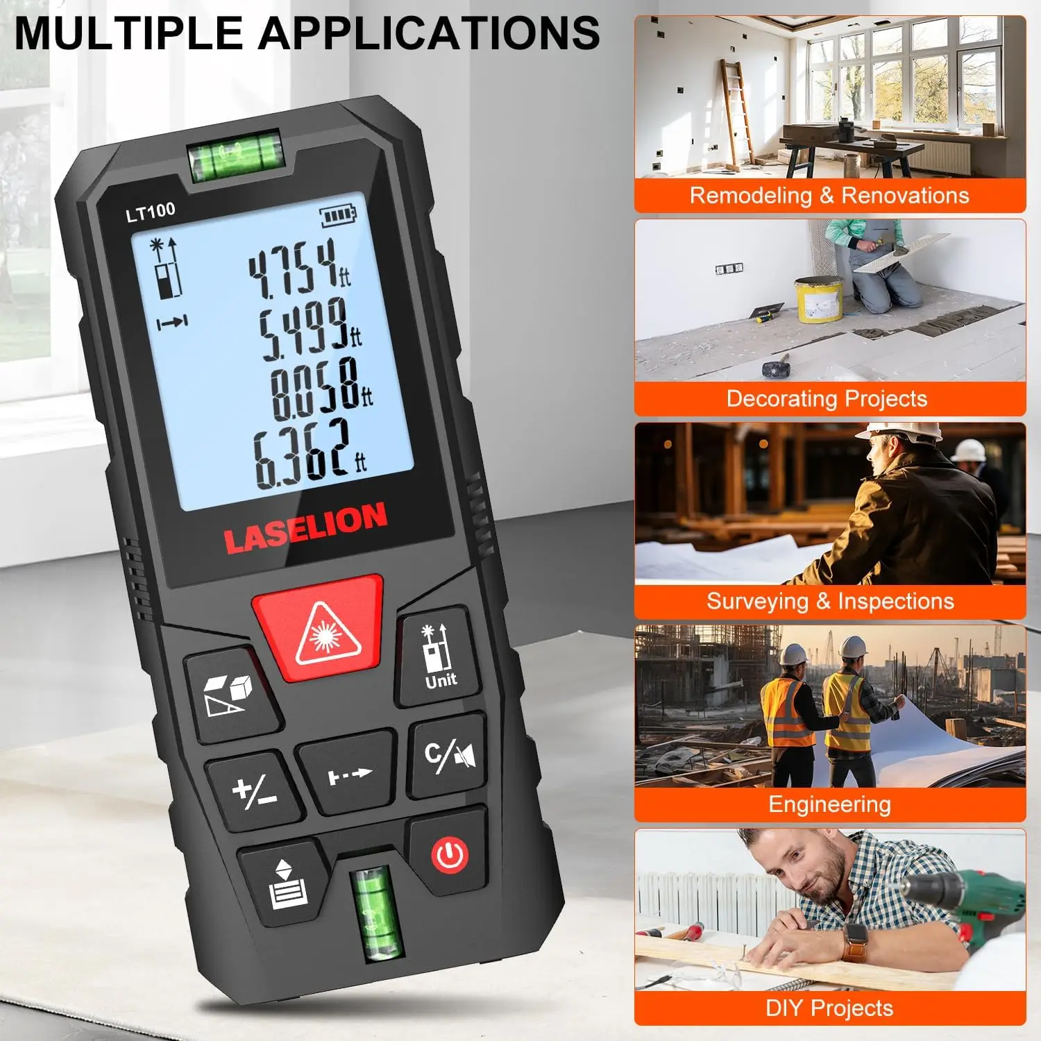 LASELION LT100 laser distance meter measuring a wall with Pythagorean mode displayed on screen