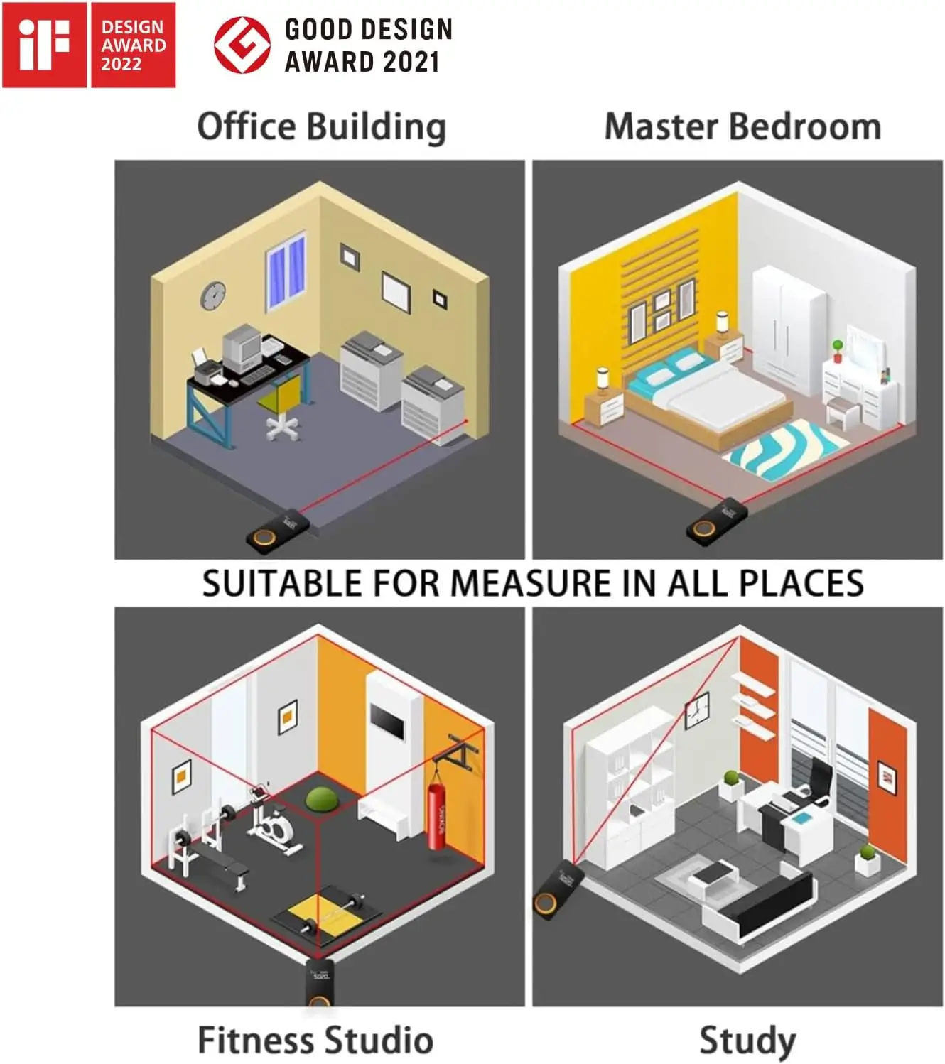 HOTO pocket laser distance measure for real estate agents next to its USB-C charging cable