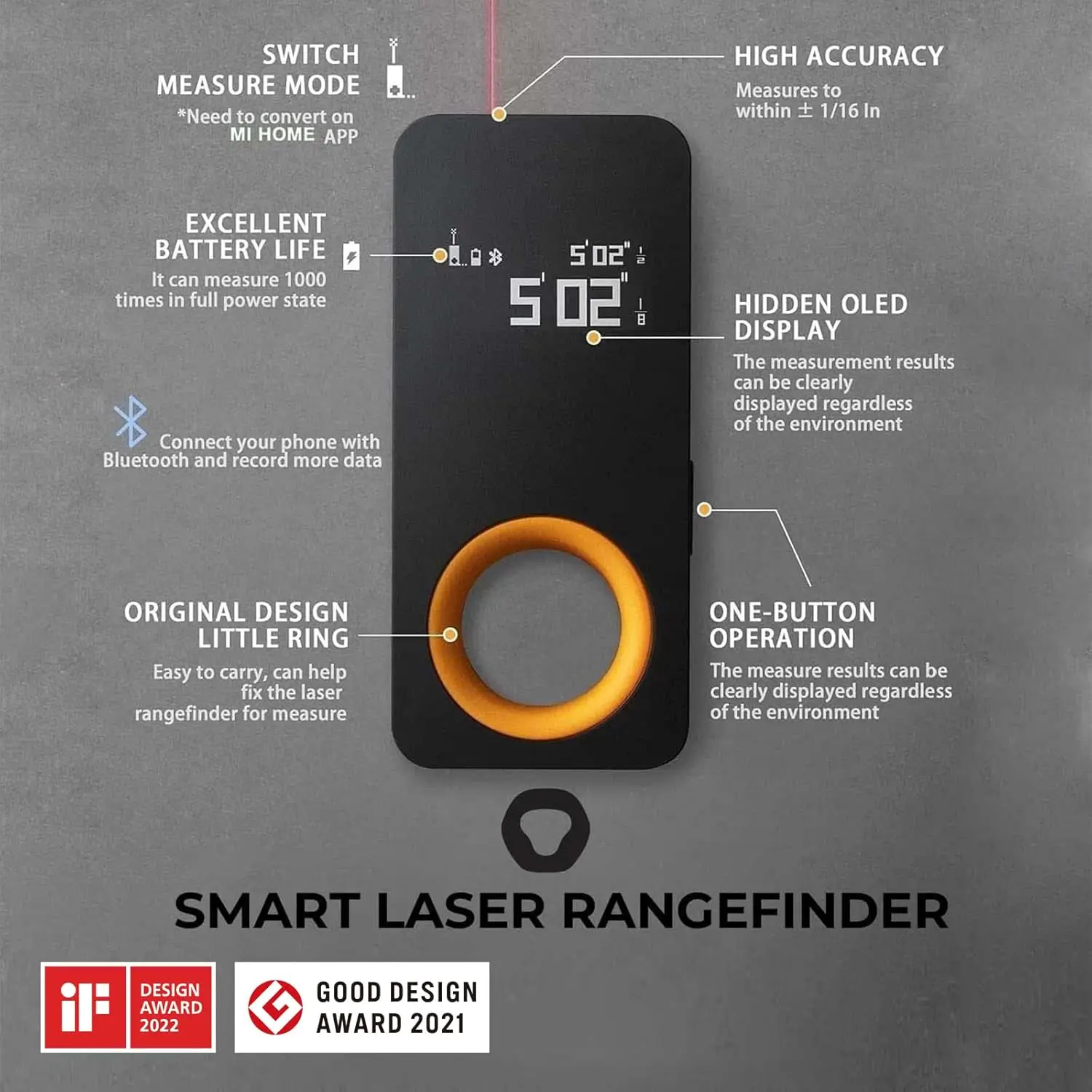 HOTO laser distance measure held in hand next to a traditional tape measure for size comparison