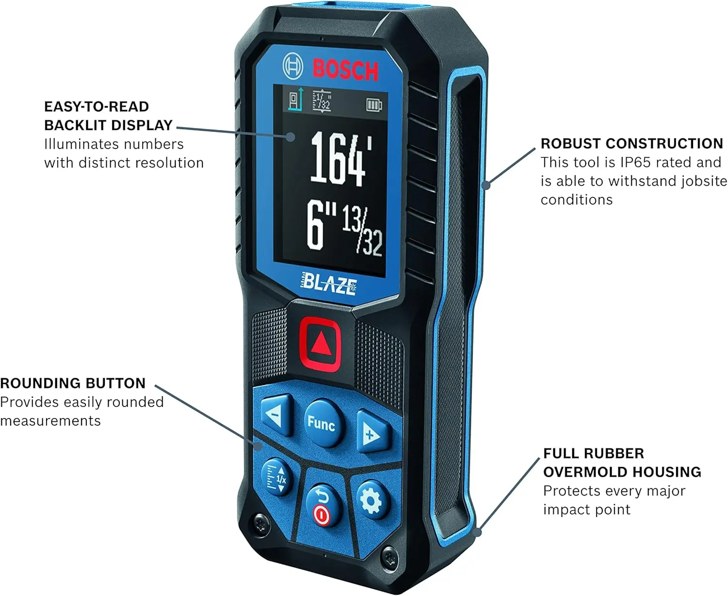 Bosch GLM165-22 laser measure being used to measure a long warehouse aisle in a commercial building